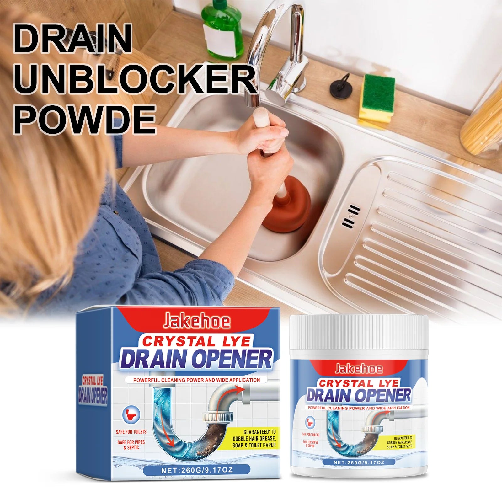 Jakehoe Drain Unblocker – Fast-Acting Powder Clears Grease, Hair & Limescale Fast.