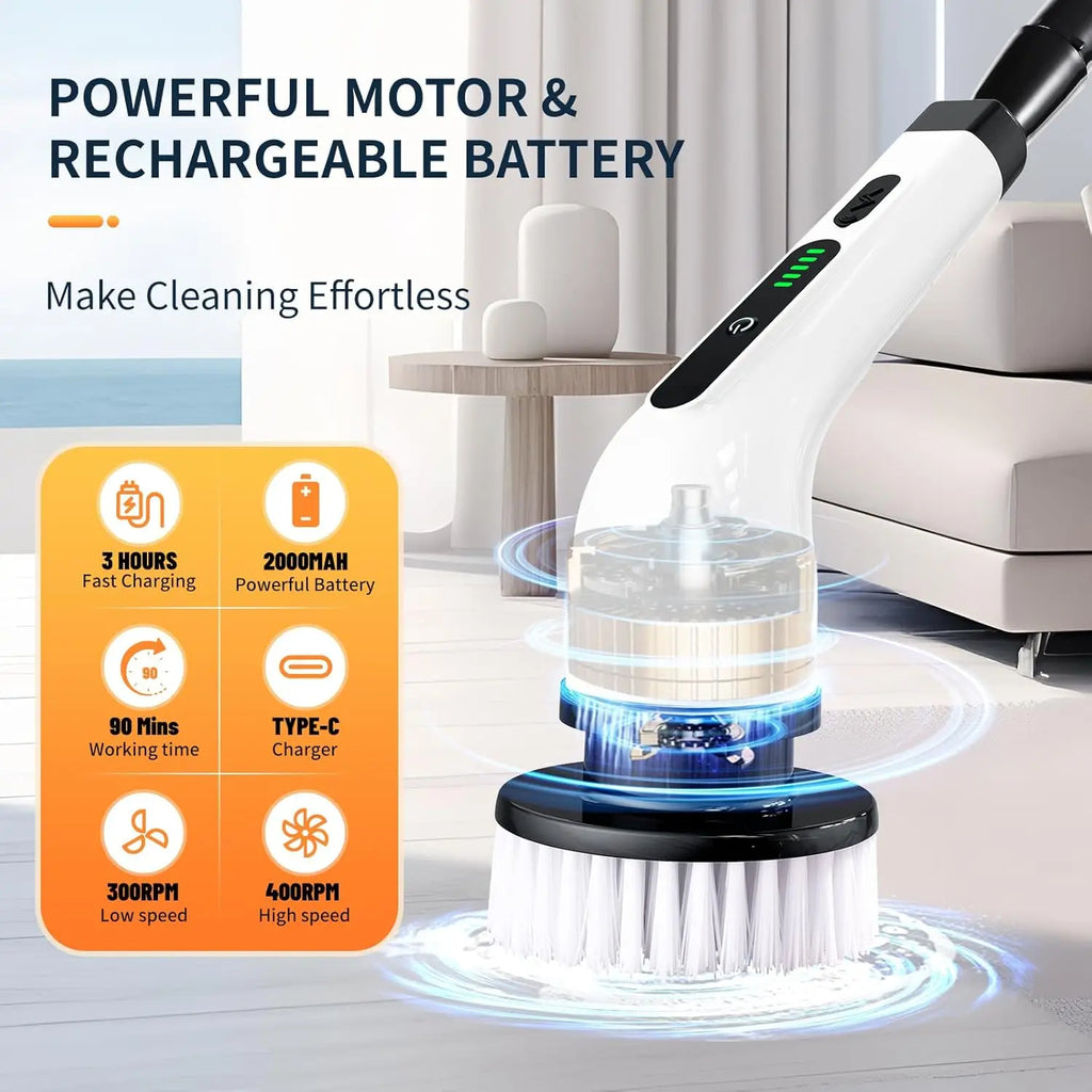“2025 Electric Rotating Floor Scrubber – Rechargeable Power Cleaning Brush with 9 Brush Heads, Dual-Speed Motor for Deep Bathroom, Shower & Floor Cleaning.”